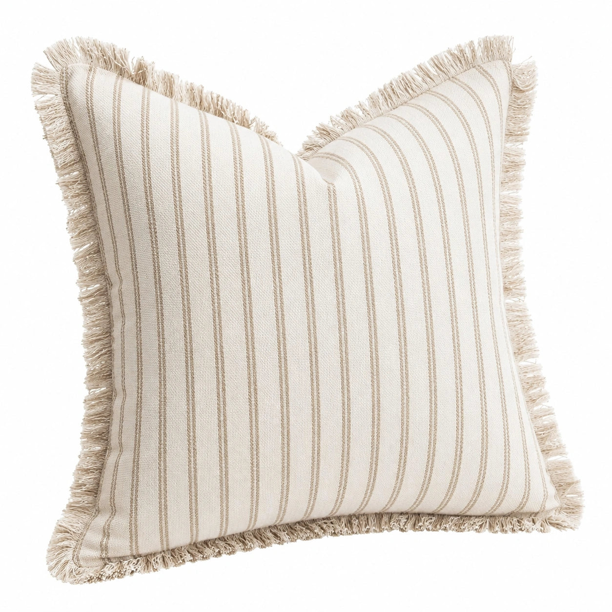 Coussin décoratif 45 x 45 cm en tissu écru rayé à franges - style bohème