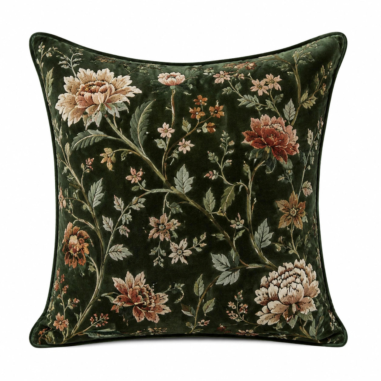 Coussin décoratif 45 x 45 cm en velours vert foncé à motif floral