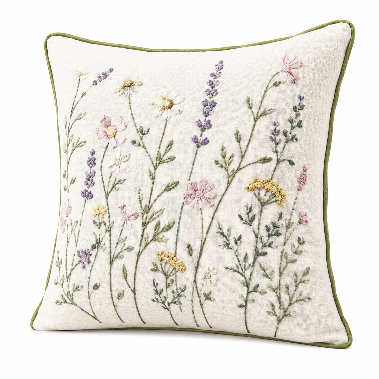 Coussin carré 45 x 45 cm en tissu écru brodé floral style champêtre