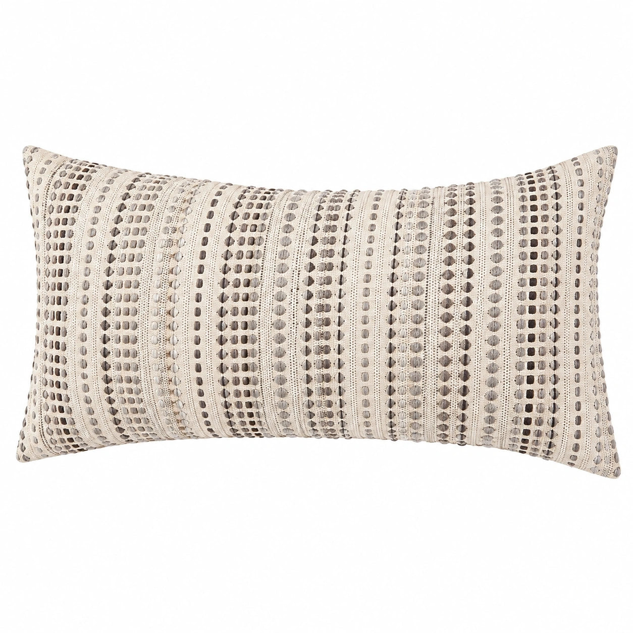 Coussin rectangulaire 50 x 30 cm en tissu beige et gris à motifs tissés décoratif