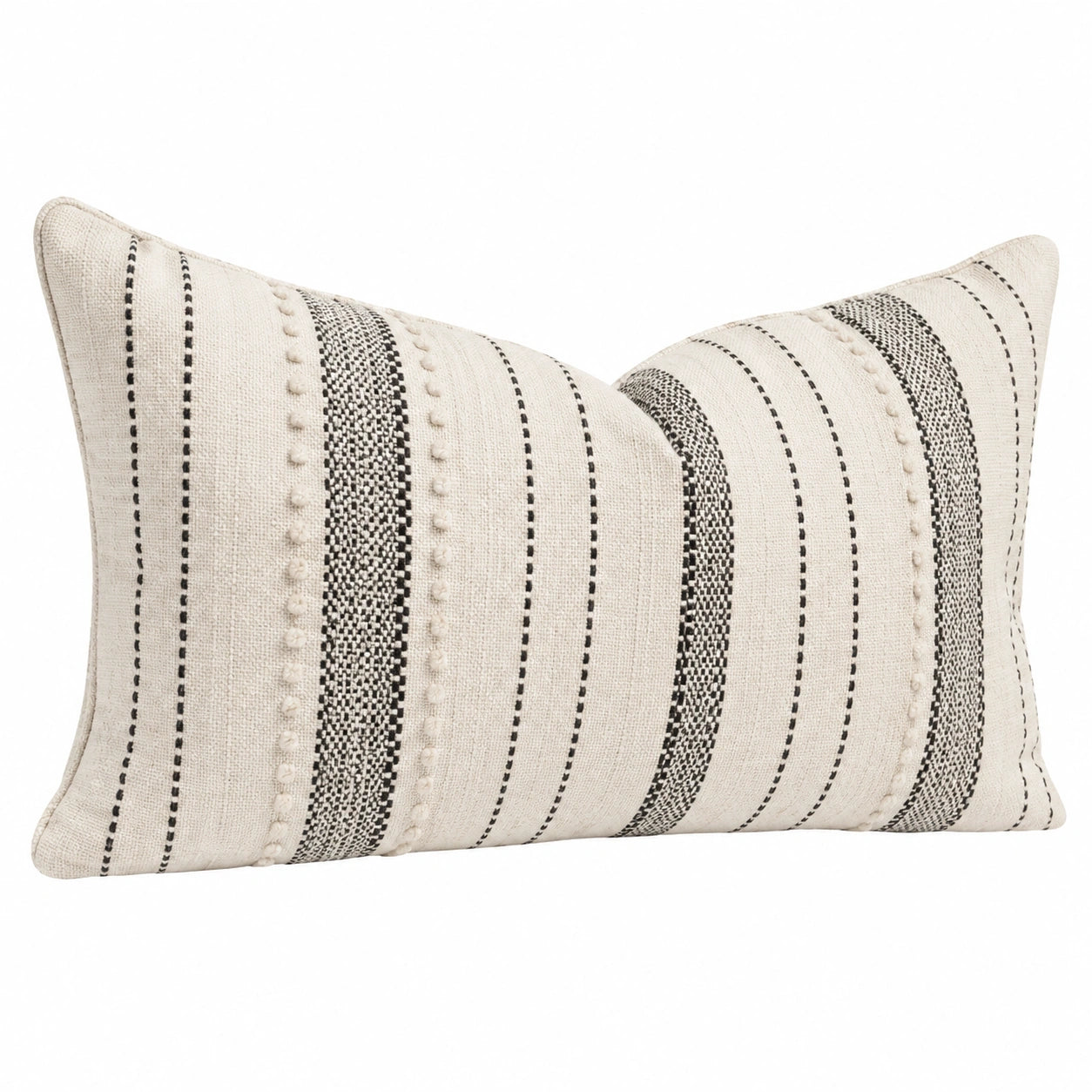 Coussin décoratif 50 x 30 cm tissu tissé écru et noir à rayures style bohème