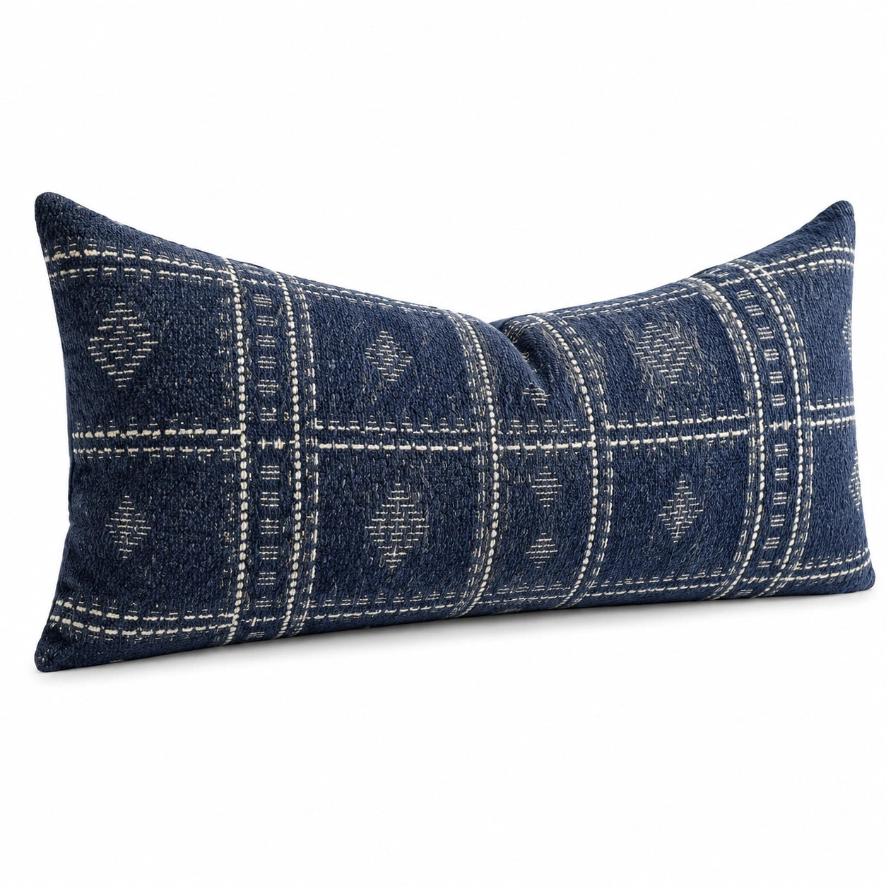 Coussin décoratif 50 x 30 cm tissu tissé bleu marine motif géométrique rectangulaire