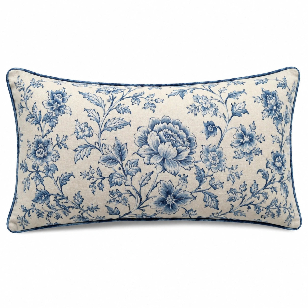 Coussin décoratif 50 x 30 cm en tissu beige bleu à motif floral style classique