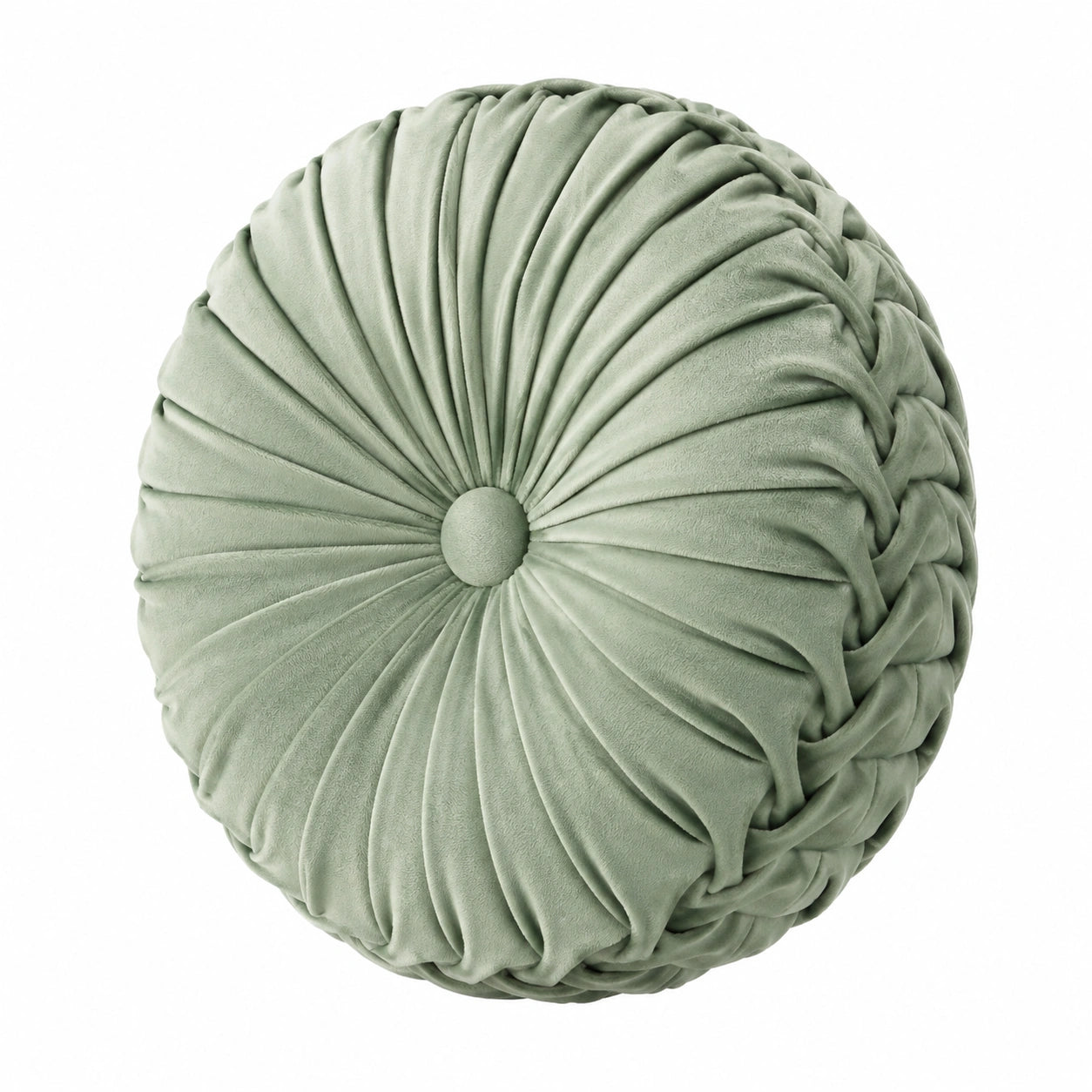 Coussin décoratif rond 40 cm en velours vert sauge plissé