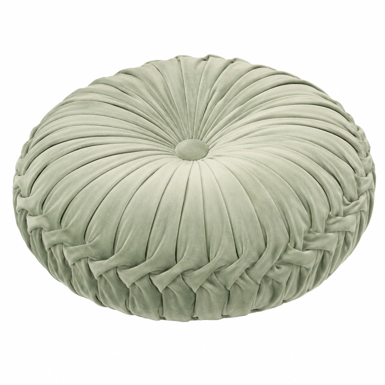 Coussin décoratif rond 45 cm en velours vert sauge à plis