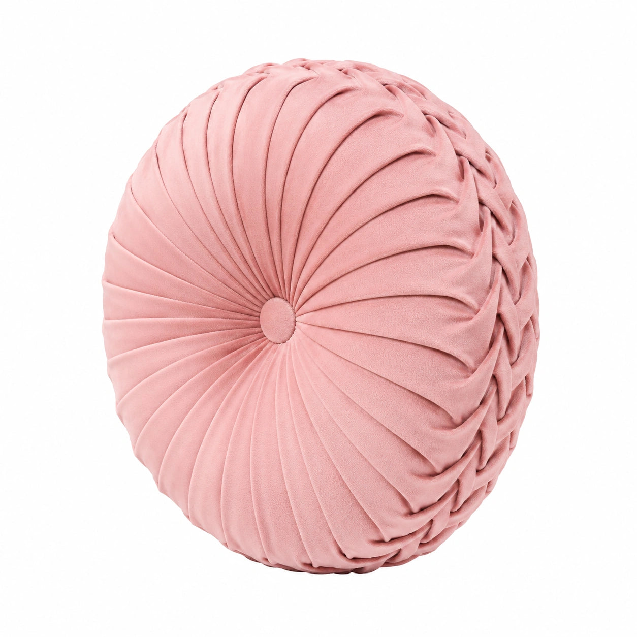 Coussin rond 40 cm en velours rose plissé décoratif